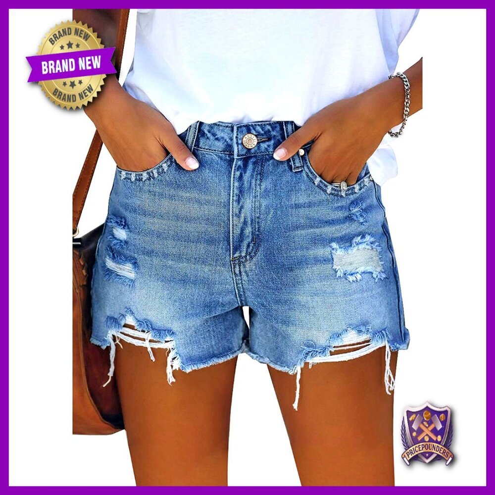 Stretchy Denim Shorts Mid Waist Ripped Raw Hem Pockets Casual Summer